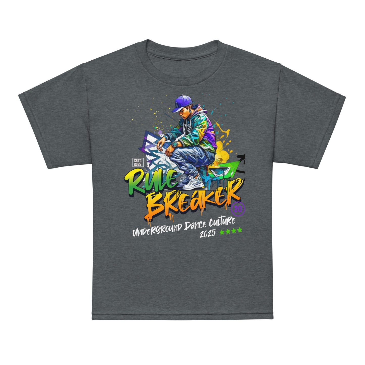 Youth t-shirt with “Rule Breaker” graffiti street dancer design, moisture-wicking cotton-poly tee by LostLogicCo Canada