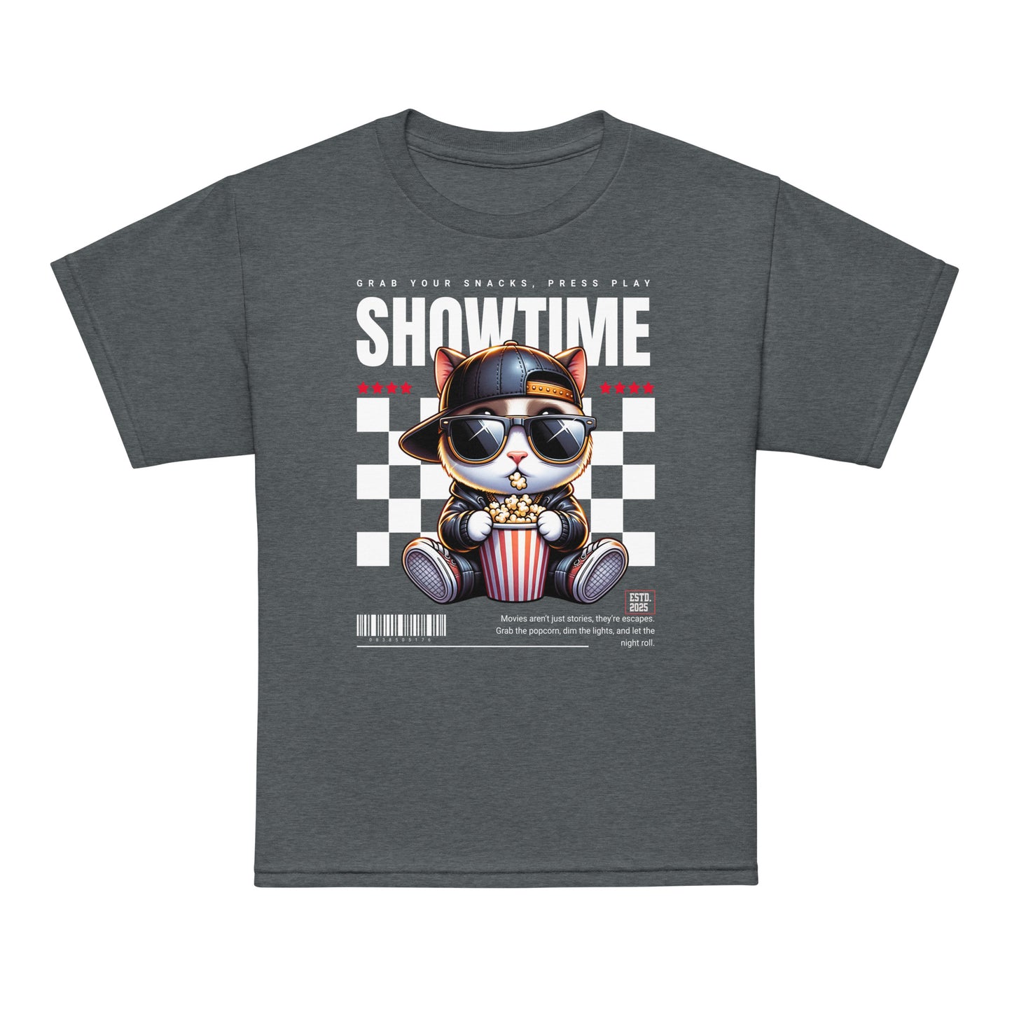 Youth t-shirt with “Showtime” cool cat popcorn movie design, moisture-wicking cotton-poly tee by LostLogicCo Canada