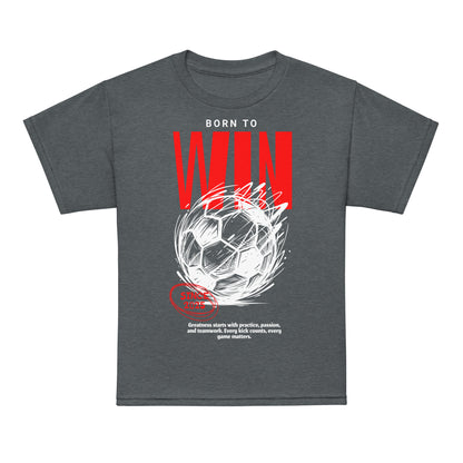 Youth t-shirt with “Born to Win” bold soccer design, moisture-wicking cotton-poly tee by LostLogicCo Canada