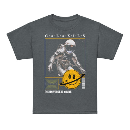 Youth t-shirt with astronaut and smiley planet design, “The Universe Is Yours” space-themed graphic tee by LostLogicCo Canada