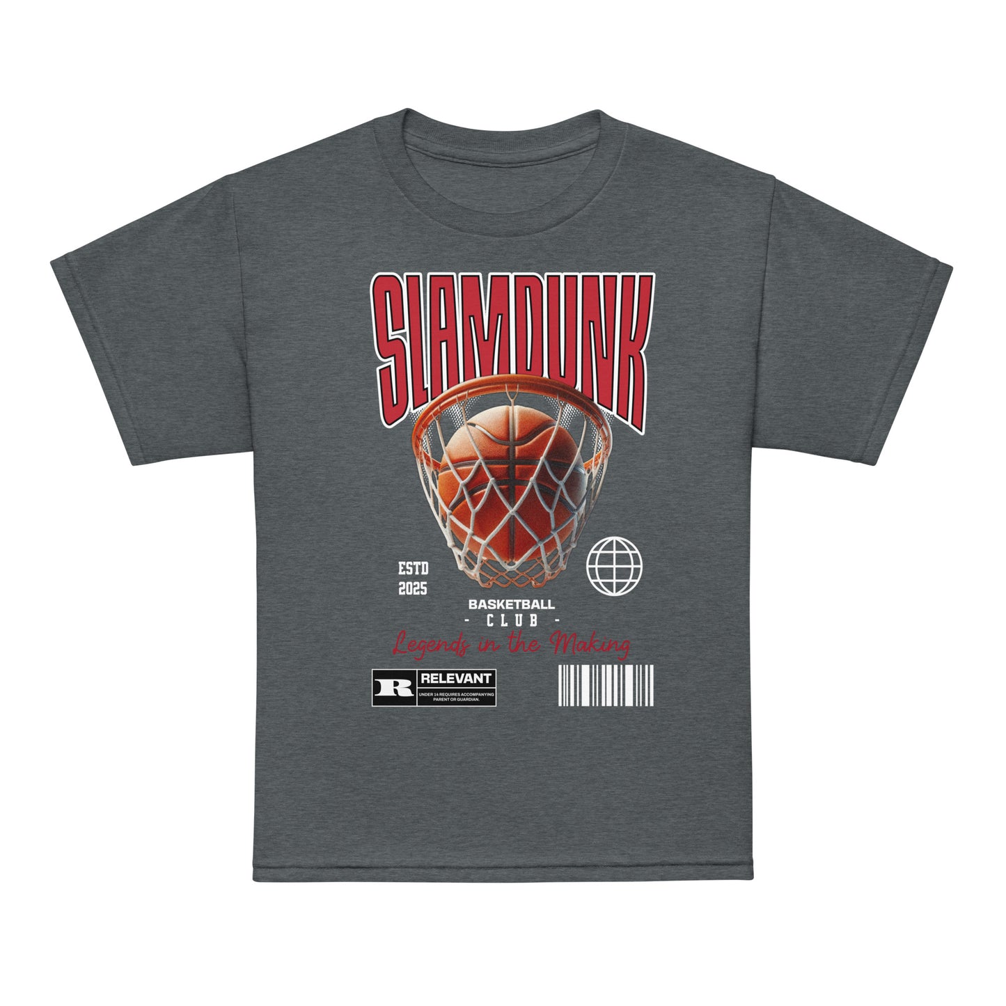 Youth t-shirt with “Slam Dunk Legends in the Making” basketball design, moisture-wicking fabric sports tee by LostLogicCo Canada