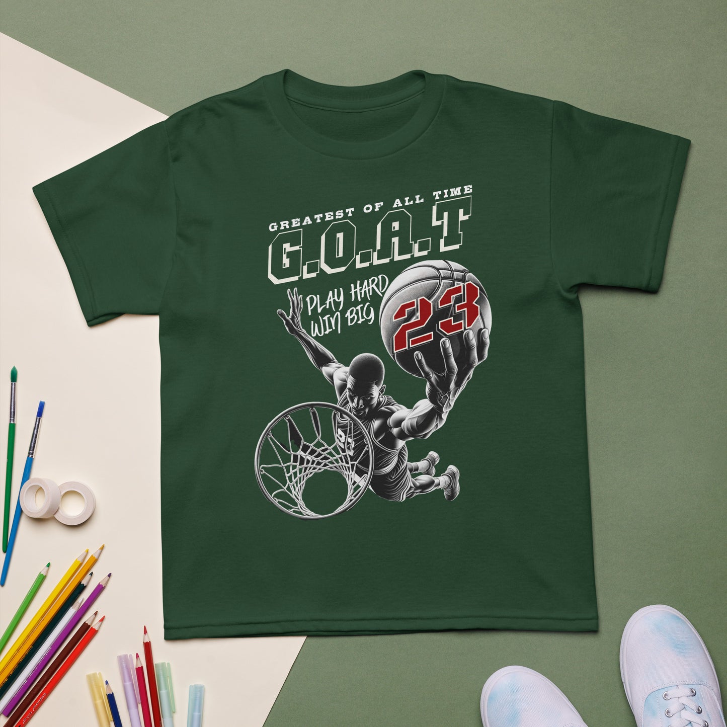 Youth basketball t-shirt with “G.O.A.T Slam Dunk 23” design, cotton-poly short sleeve kids tee by LostLogicCo Canada