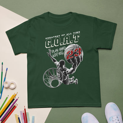 Youth basketball t-shirt with “G.O.A.T Slam Dunk 23” design, cotton-poly short sleeve kids tee by LostLogicCo Canada