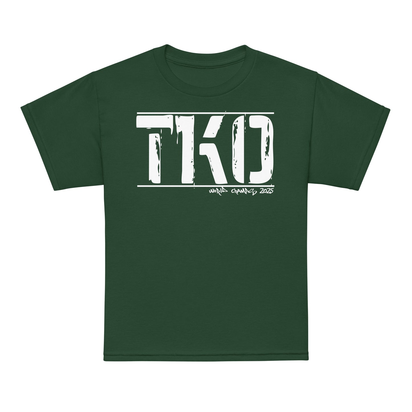 Youth typography t-shirt with bold “TKO” boxing design, moisture-wicking cotton-poly kids tee by LostLogicCo Canada