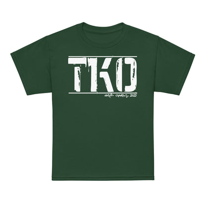 Youth typography t-shirt with bold “TKO” boxing design, moisture-wicking cotton-poly kids tee by LostLogicCo Canada