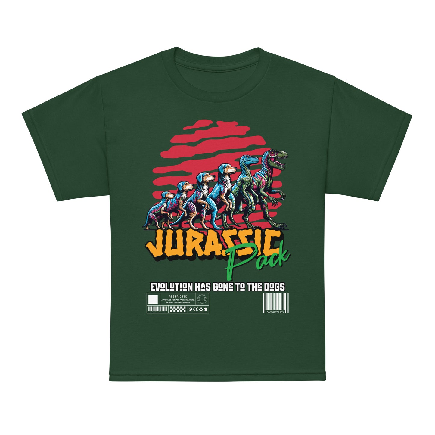 Kids dinosaur t-shirt with “Jurassic Pack” and “Evolution Has Gone to the Dogs” design, moisture-wicking cotton-poly tee by LostLogicCo Canada