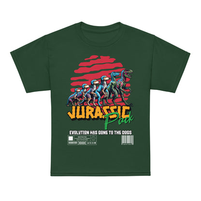 Kids dinosaur t-shirt with “Jurassic Pack” and “Evolution Has Gone to the Dogs” design, moisture-wicking cotton-poly tee by LostLogicCo Canada