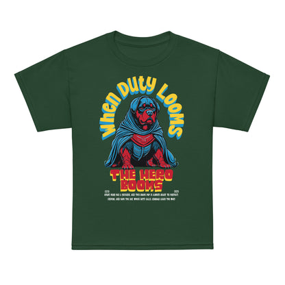 Youth superhero t-shirt with “When Duty Looms The Hero Booms” dog design, moisture-wicking cotton-poly tee by LostLogicCo Canada