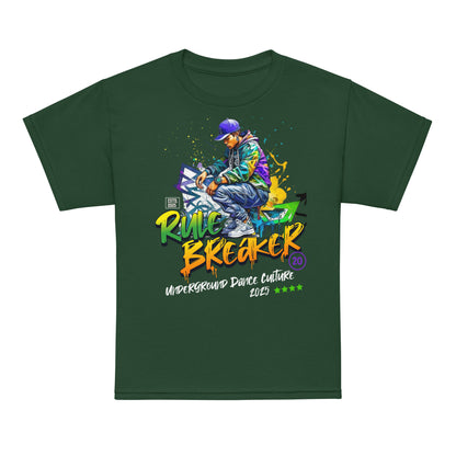Youth t-shirt with “Rule Breaker” graffiti street dancer design, moisture-wicking cotton-poly tee by LostLogicCo Canada