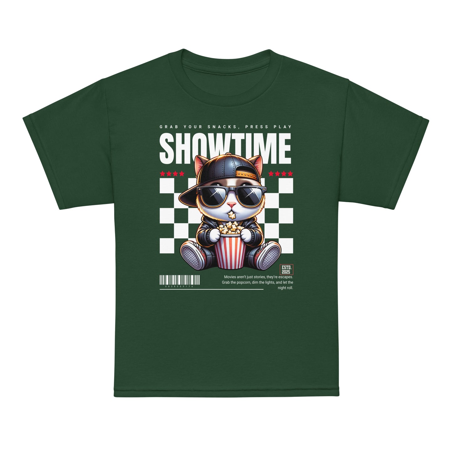 Youth t-shirt with “Showtime” cool cat popcorn movie design, moisture-wicking cotton-poly tee by LostLogicCo Canada