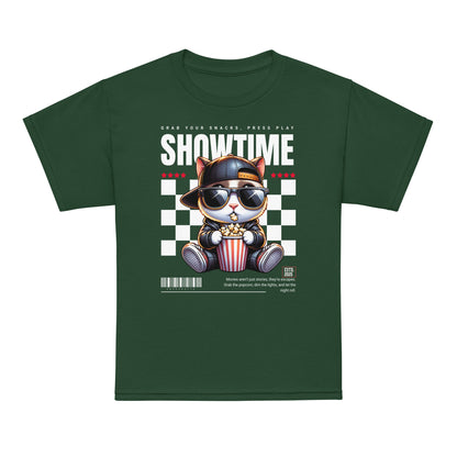 Youth t-shirt with “Showtime” cool cat popcorn movie design, moisture-wicking cotton-poly tee by LostLogicCo Canada