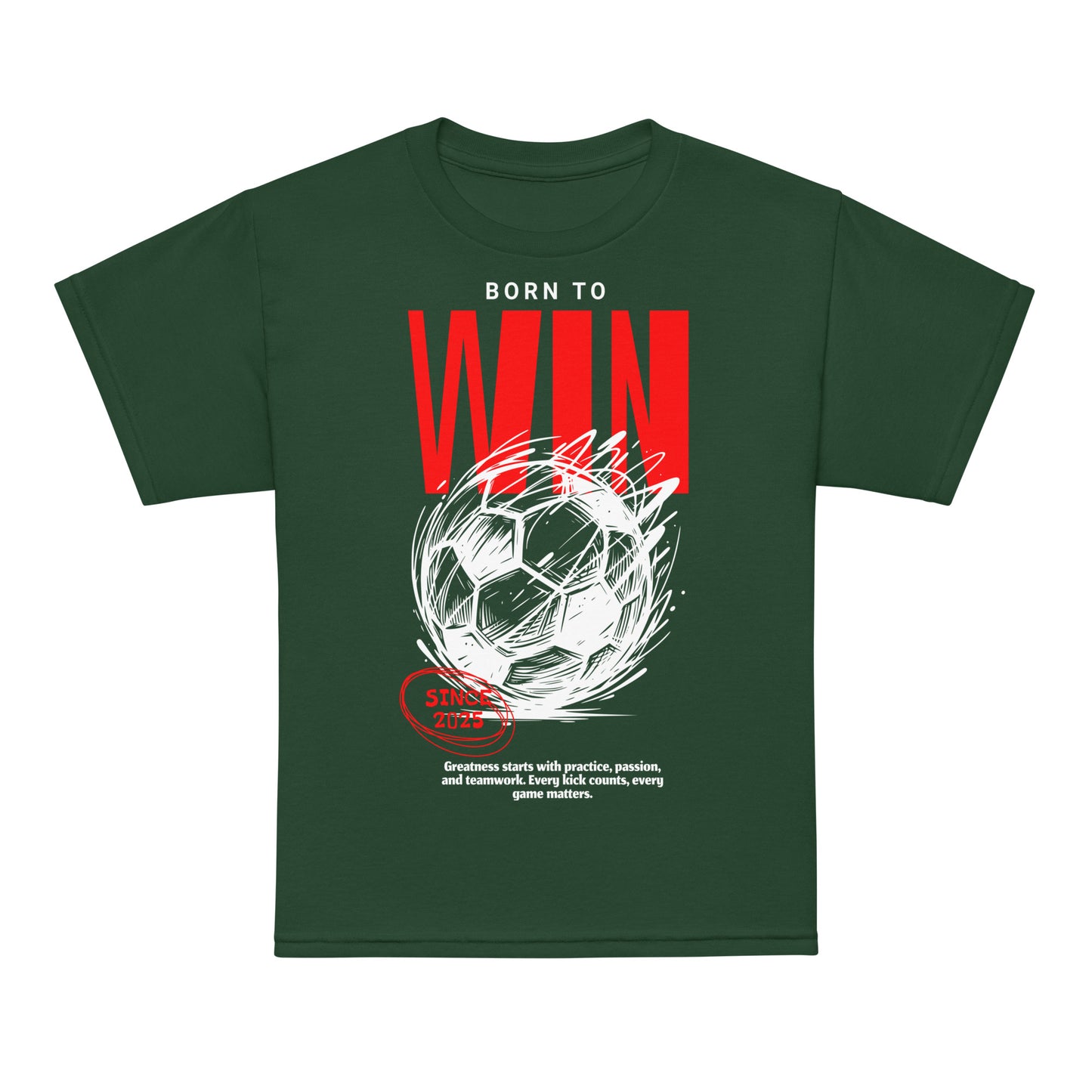 Youth t-shirt with “Born to Win” bold soccer design, moisture-wicking cotton-poly tee by LostLogicCo Canada
