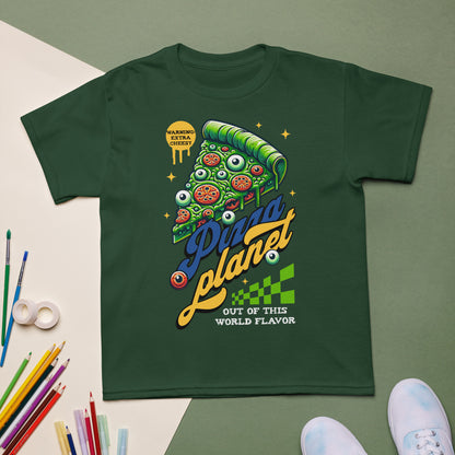 Youth t-shirt with “Pizza Planet” colorful cosmic pizza design, moisture-wicking cotton-poly tee by LostLogicCo Canada