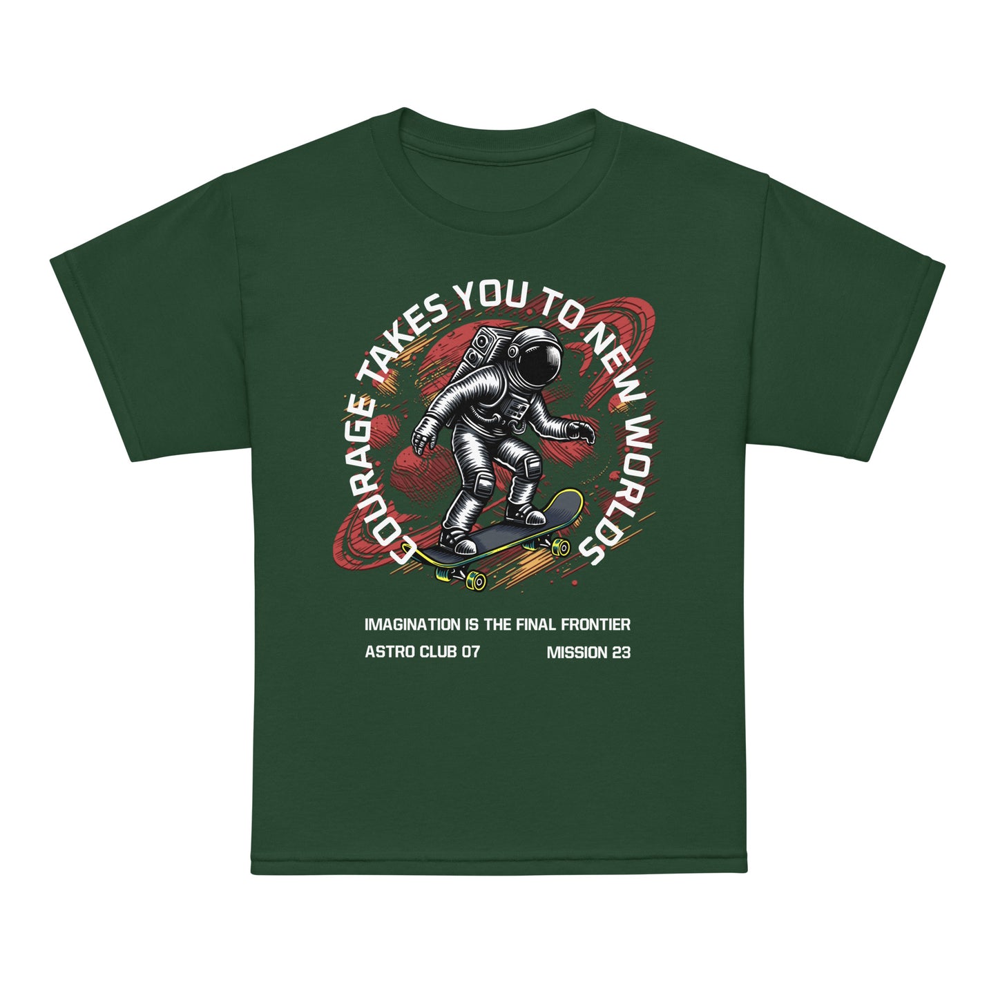Youth t-shirt with astronaut skateboarding through space, “Courage Takes You to New Worlds” design by LostLogicCo Canada