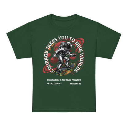 Youth t-shirt with astronaut skateboarding through space, “Courage Takes You to New Worlds” design by LostLogicCo Canada