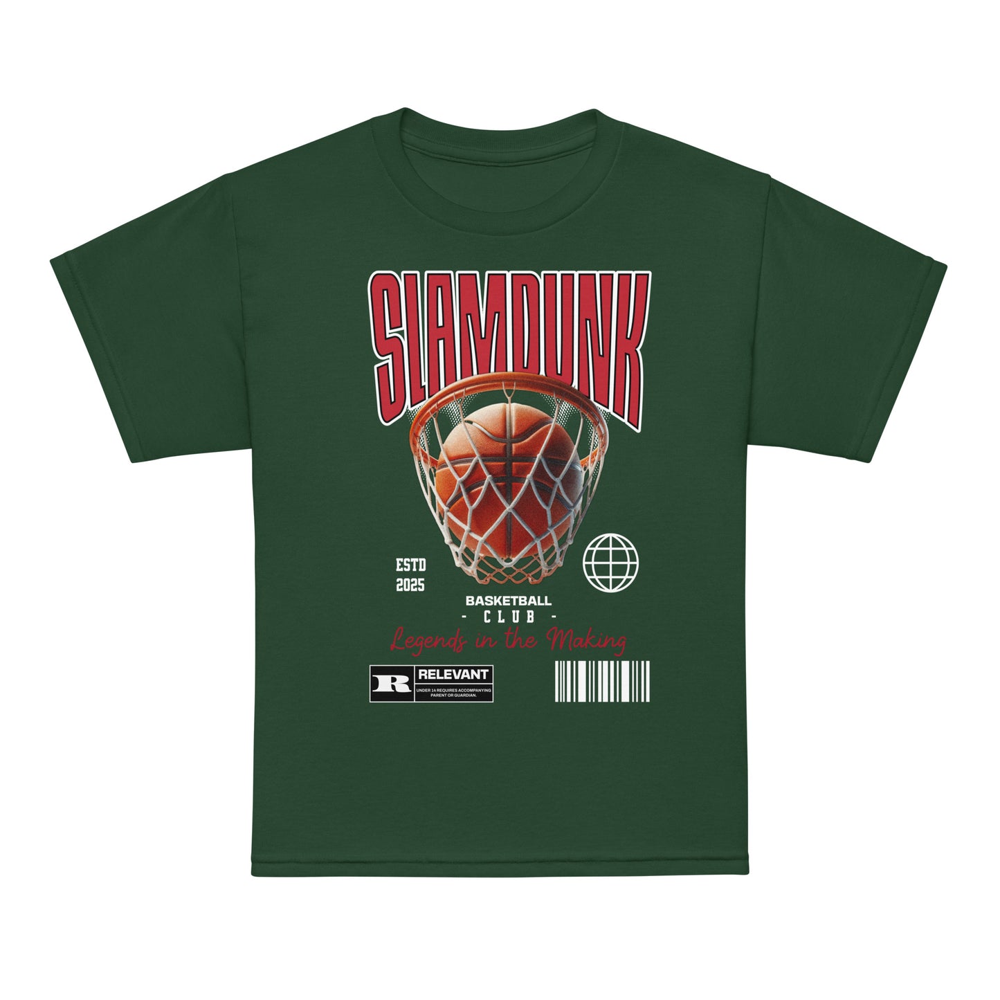 Youth t-shirt with “Slam Dunk Legends in the Making” basketball design, moisture-wicking fabric sports tee by LostLogicCo Canada