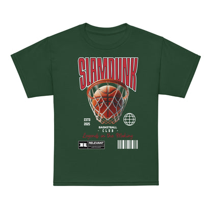 Youth t-shirt with “Slam Dunk Legends in the Making” basketball design, moisture-wicking fabric sports tee by LostLogicCo Canada