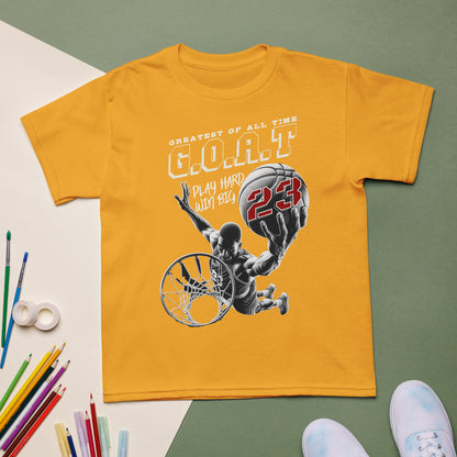 Youth basketball t-shirt with “G.O.A.T Slam Dunk 23” design, cotton-poly short sleeve kids tee by LostLogicCo Canada