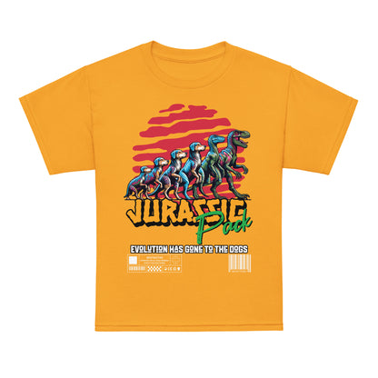 Kids dinosaur t-shirt with “Jurassic Pack” and “Evolution Has Gone to the Dogs” design, moisture-wicking cotton-poly tee by LostLogicCo Canada