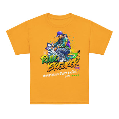 Youth t-shirt with “Rule Breaker” graffiti street dancer design, moisture-wicking cotton-poly tee by LostLogicCo Canada