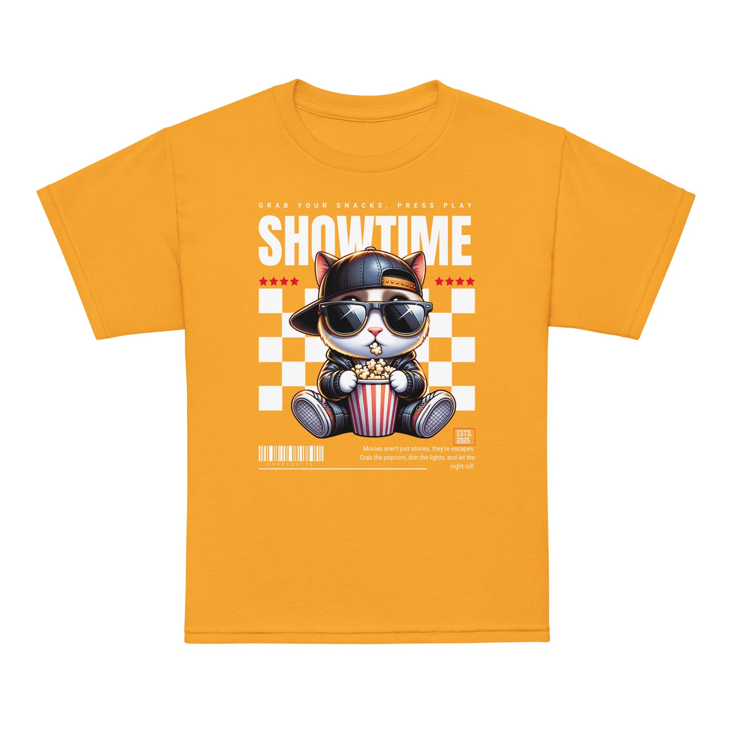 Youth t-shirt with “Showtime” cool cat popcorn movie design, moisture-wicking cotton-poly tee by LostLogicCo Canada