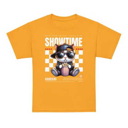 Youth t-shirt with “Showtime” cool cat popcorn movie design, moisture-wicking cotton-poly tee by LostLogicCo Canada