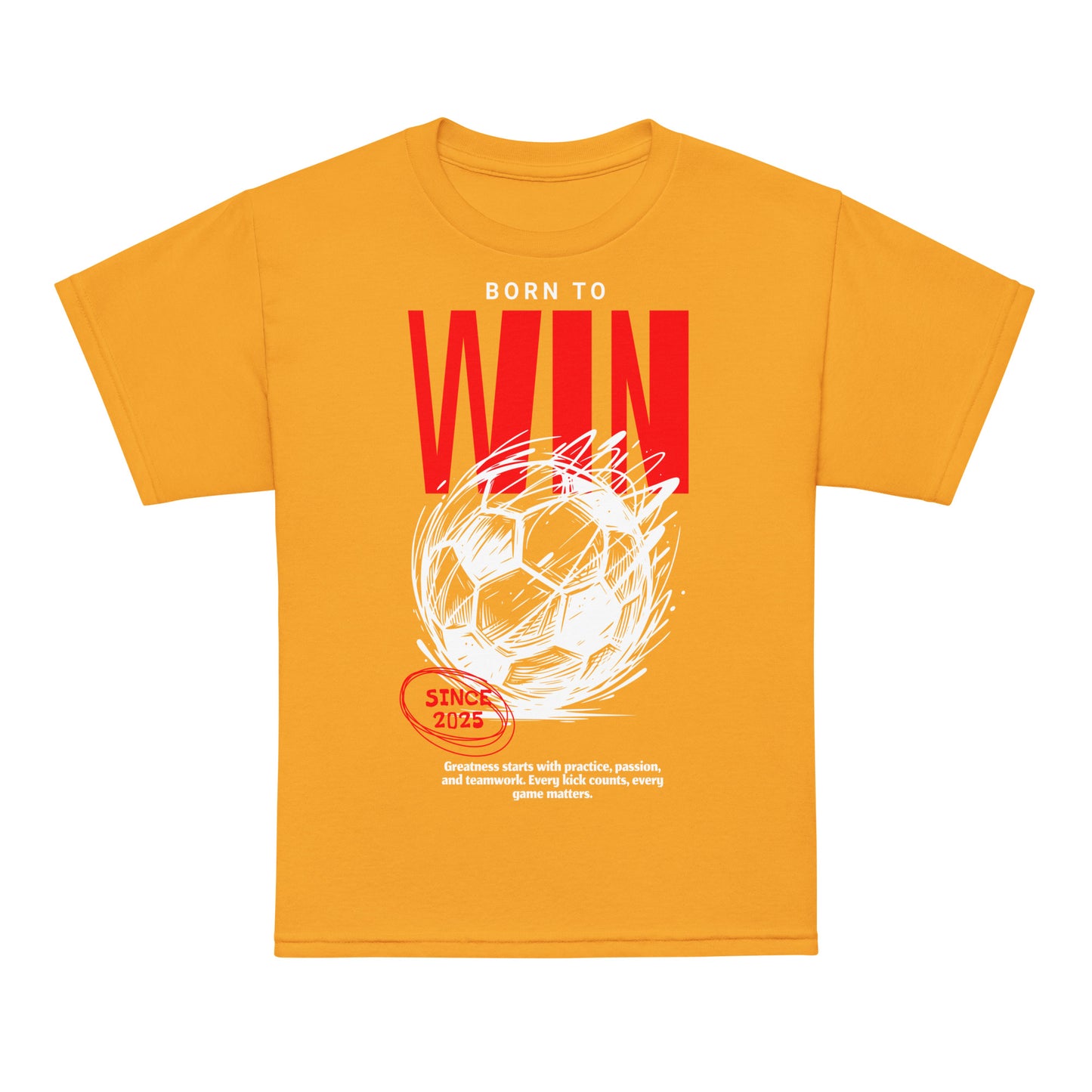 Youth t-shirt with “Born to Win” bold soccer design, moisture-wicking cotton-poly tee by LostLogicCo Canada