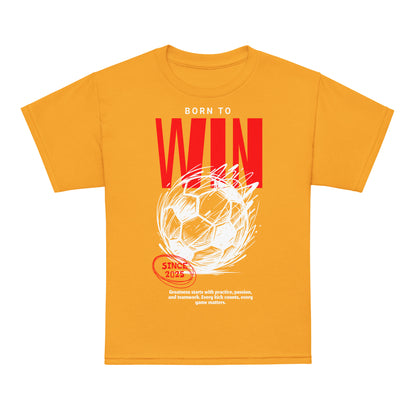 Youth t-shirt with “Born to Win” bold soccer design, moisture-wicking cotton-poly tee by LostLogicCo Canada