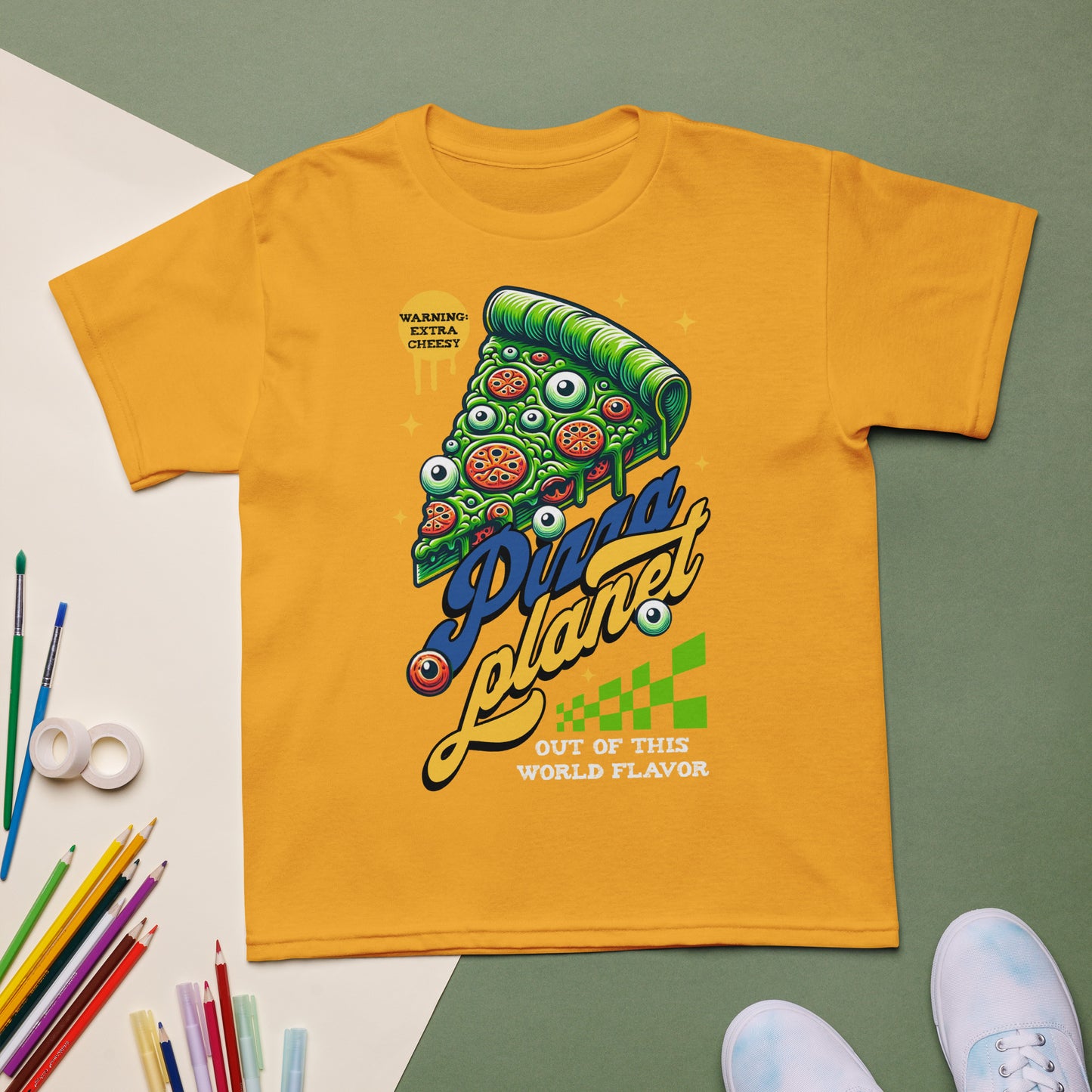 Youth t-shirt with “Pizza Planet” colorful cosmic pizza design, moisture-wicking cotton-poly tee by LostLogicCo Canada