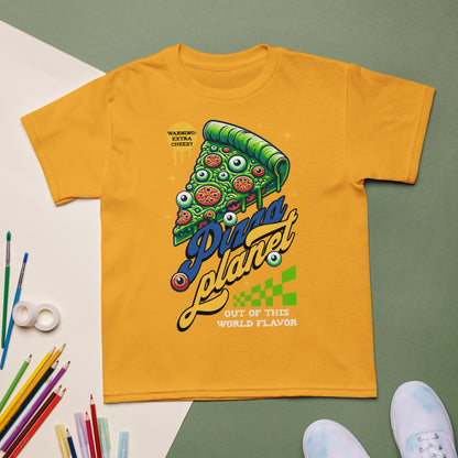 Youth t-shirt with “Pizza Planet” colorful cosmic pizza design, moisture-wicking cotton-poly tee by LostLogicCo Canada