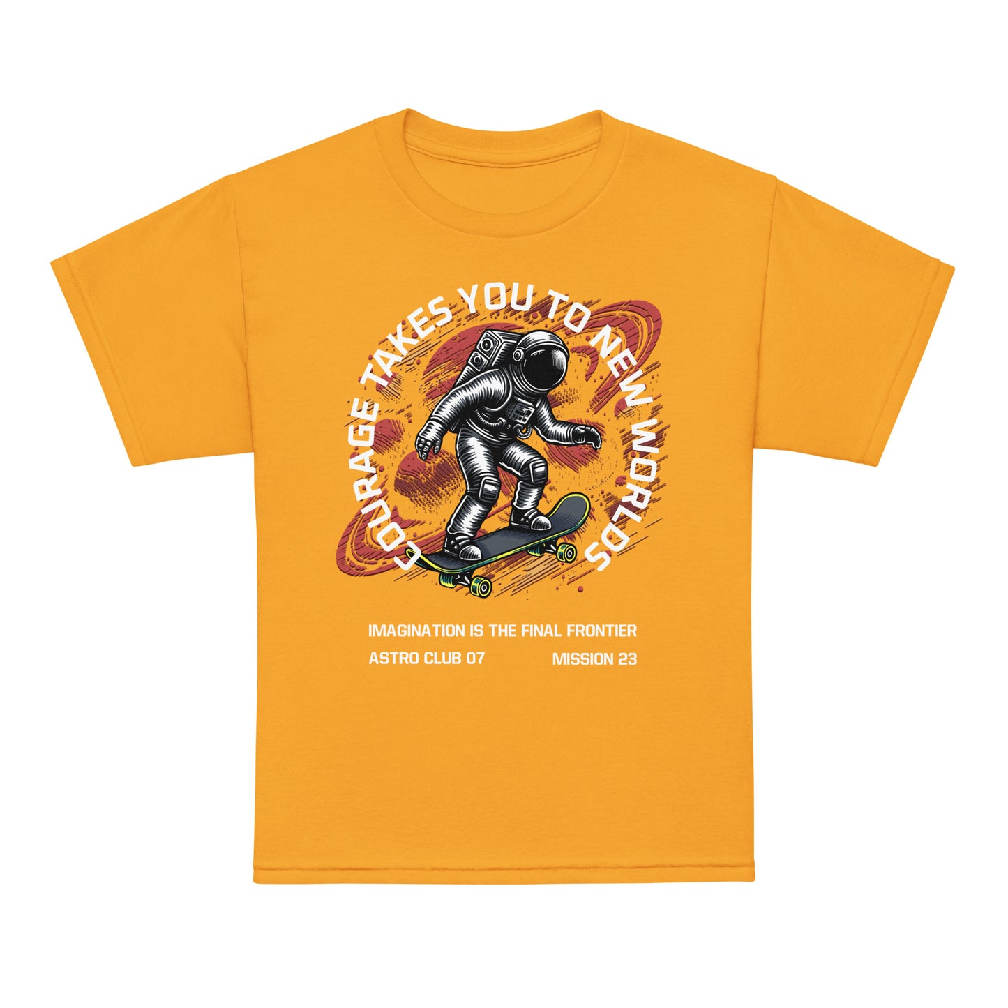 Youth t-shirt with astronaut skateboarding through space, “Courage Takes You to New Worlds” design by LostLogicCo Canada