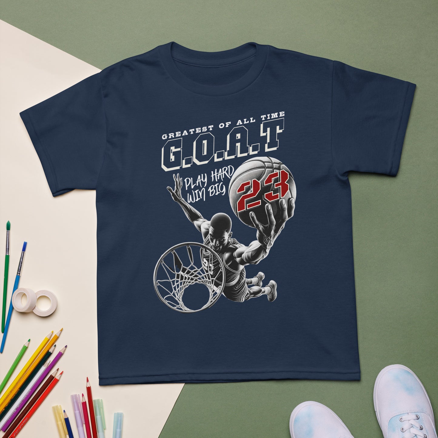 Youth basketball t-shirt with “G.O.A.T Slam Dunk 23” design, cotton-poly short sleeve kids tee by LostLogicCo Canada