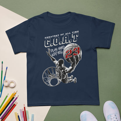 Youth basketball t-shirt with “G.O.A.T Slam Dunk 23” design, cotton-poly short sleeve kids tee by LostLogicCo Canada