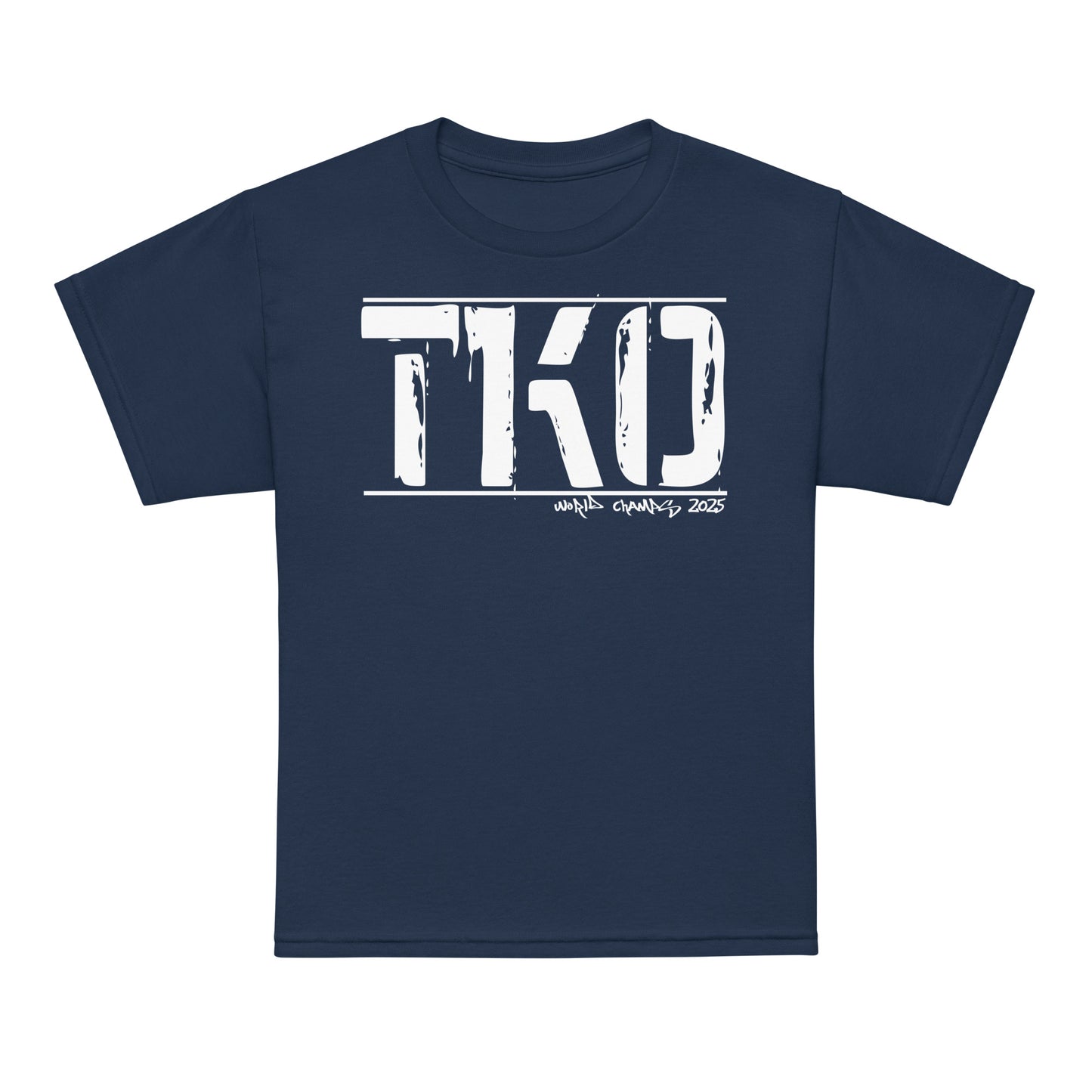 Youth typography t-shirt with bold “TKO” boxing design, moisture-wicking cotton-poly kids tee by LostLogicCo Canada