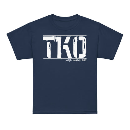 Youth typography t-shirt with bold “TKO” boxing design, moisture-wicking cotton-poly kids tee by LostLogicCo Canada