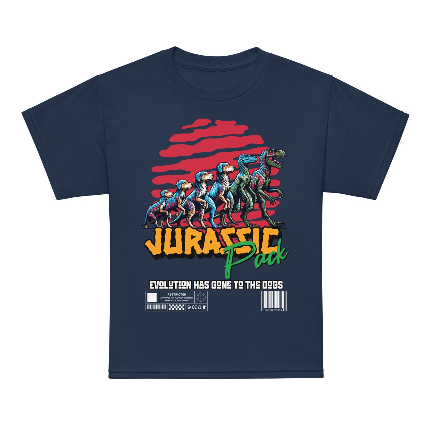 Kids dinosaur t-shirt with “Jurassic Pack” and “Evolution Has Gone to the Dogs” design, moisture-wicking cotton-poly tee by LostLogicCo Canada