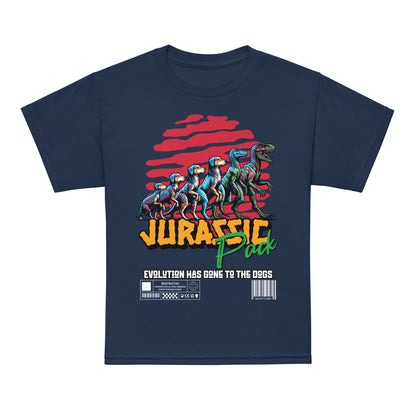 Kids dinosaur t-shirt with “Jurassic Pack” and “Evolution Has Gone to the Dogs” design, moisture-wicking cotton-poly tee by LostLogicCo Canada