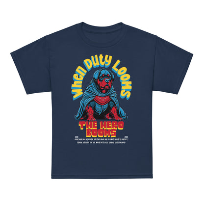 Youth superhero t-shirt with “When Duty Looms The Hero Booms” dog design, moisture-wicking cotton-poly tee by LostLogicCo Canada