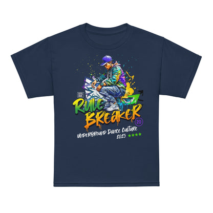 Youth t-shirt with “Rule Breaker” graffiti street dancer design, moisture-wicking cotton-poly tee by LostLogicCo Canada