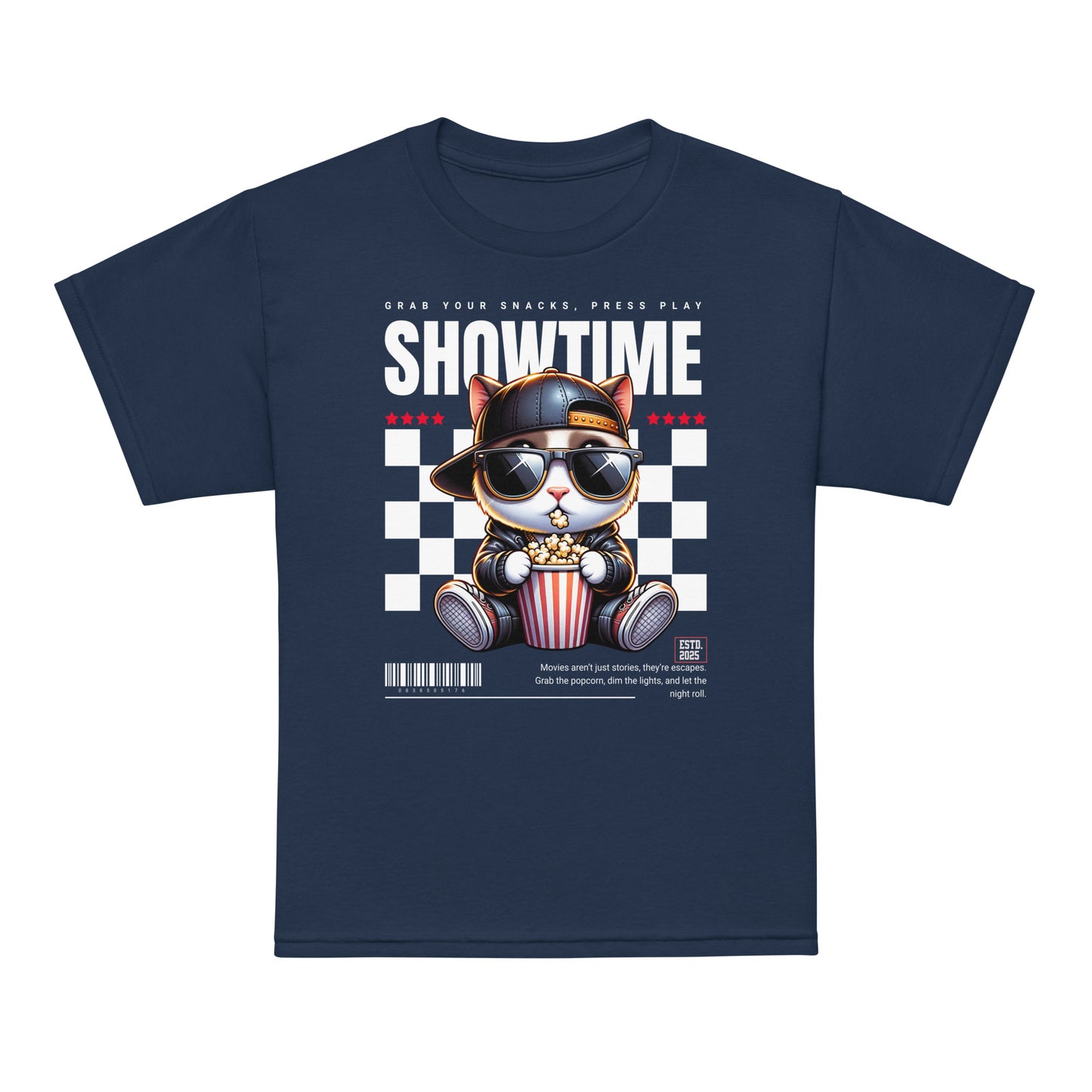 Youth t-shirt with “Showtime” cool cat popcorn movie design, moisture-wicking cotton-poly tee by LostLogicCo Canada