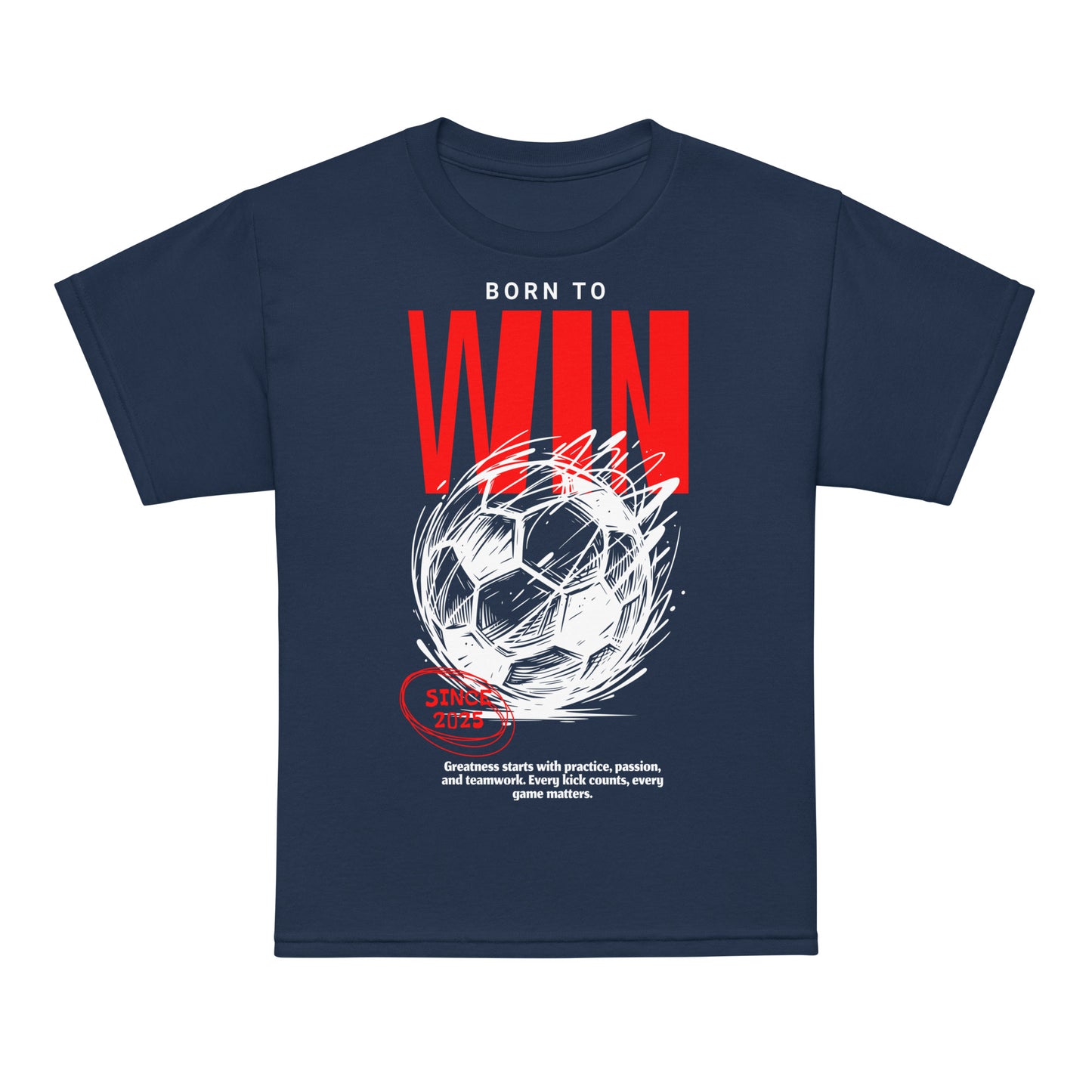Youth t-shirt with “Born to Win” bold soccer design, moisture-wicking cotton-poly tee by LostLogicCo Canada