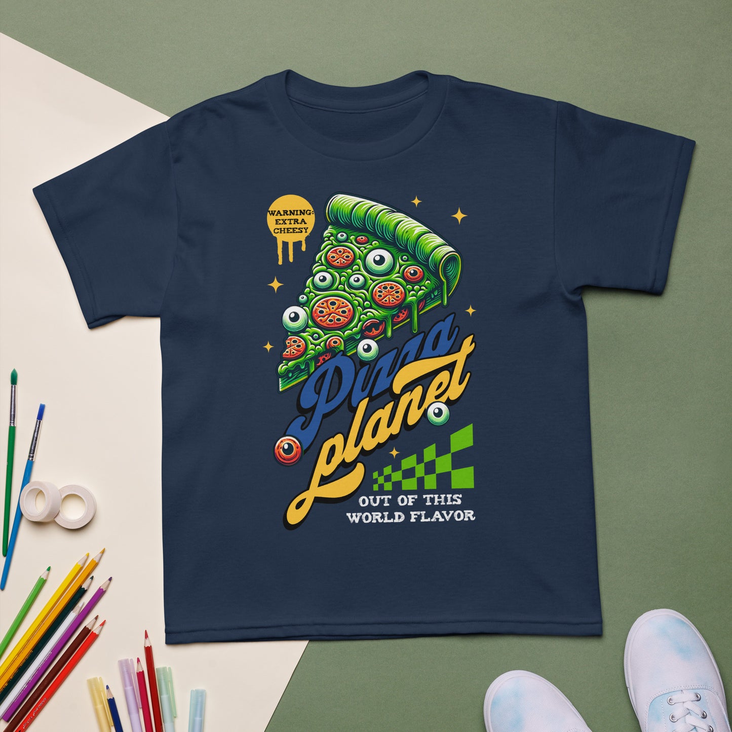 Youth t-shirt with “Pizza Planet” colorful cosmic pizza design, moisture-wicking cotton-poly tee by LostLogicCo Canada