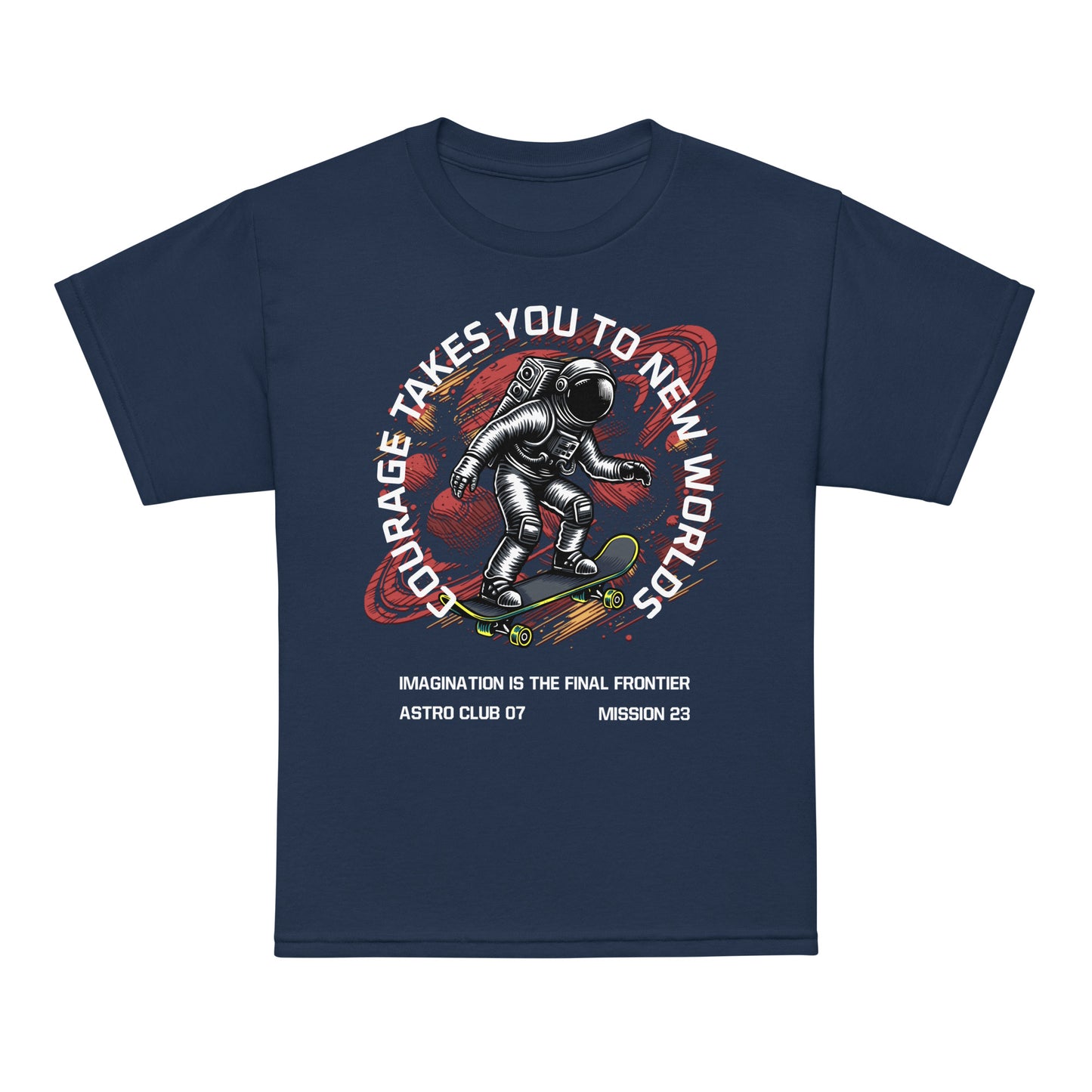 Youth t-shirt with astronaut skateboarding through space, “Courage Takes You to New Worlds” design by LostLogicCo Canada
