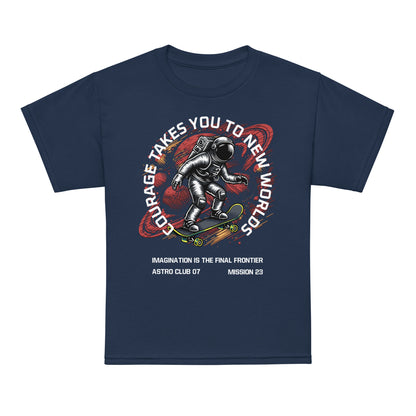 Youth t-shirt with astronaut skateboarding through space, “Courage Takes You to New Worlds” design by LostLogicCo Canada