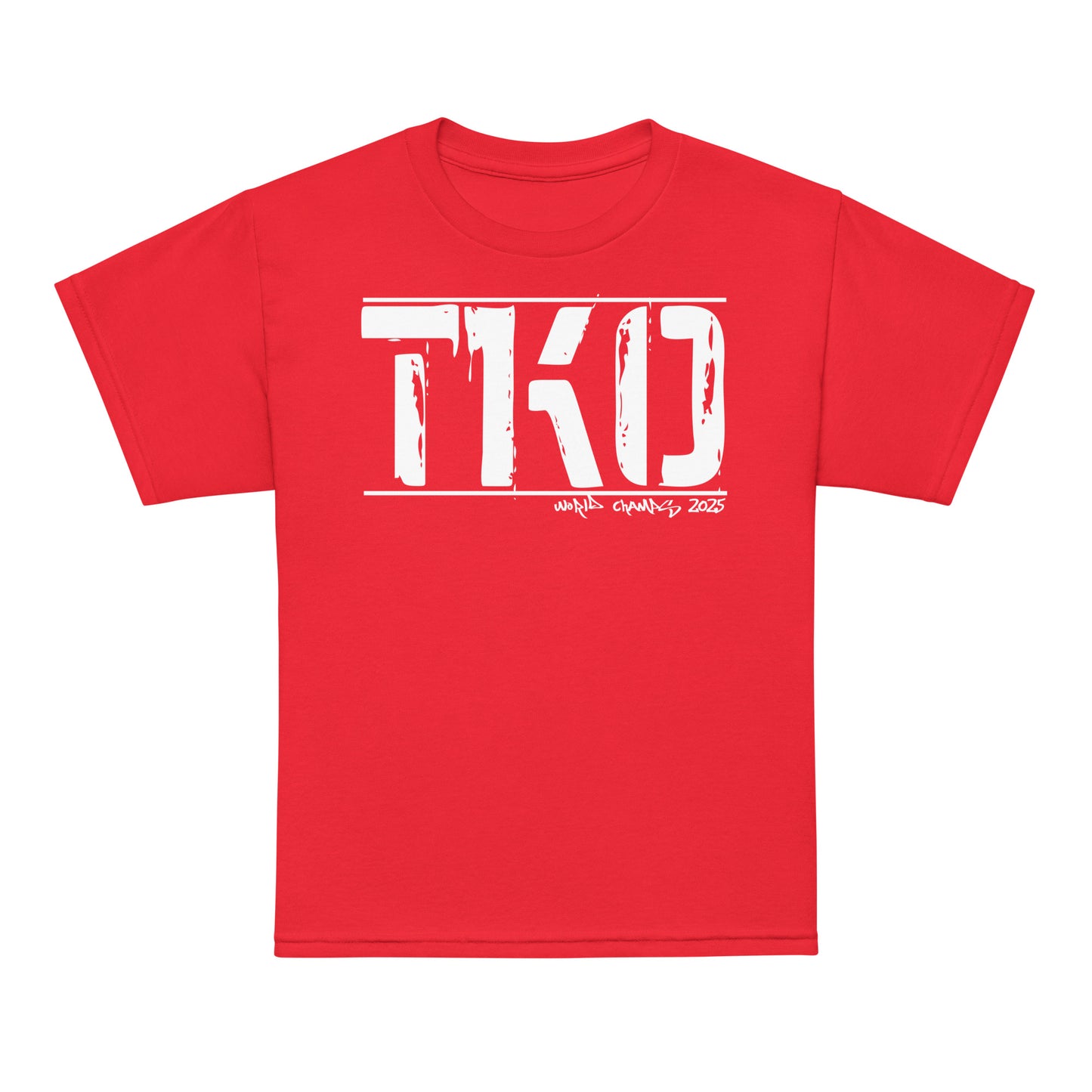 Youth typography t-shirt with bold “TKO” boxing design, moisture-wicking cotton-poly kids tee by LostLogicCo Canada