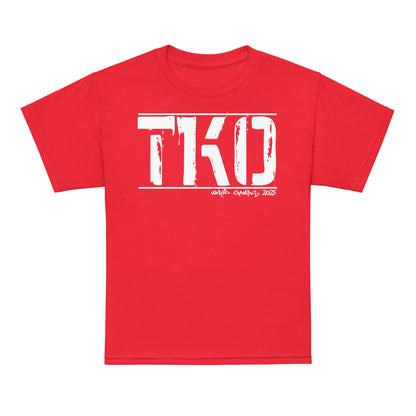 Youth typography t-shirt with bold “TKO” boxing design, moisture-wicking cotton-poly kids tee by LostLogicCo Canada
