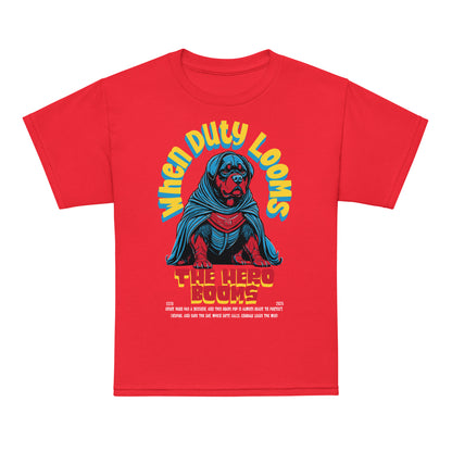 Youth superhero t-shirt with “When Duty Looms The Hero Booms” dog design, moisture-wicking cotton-poly tee by LostLogicCo Canada