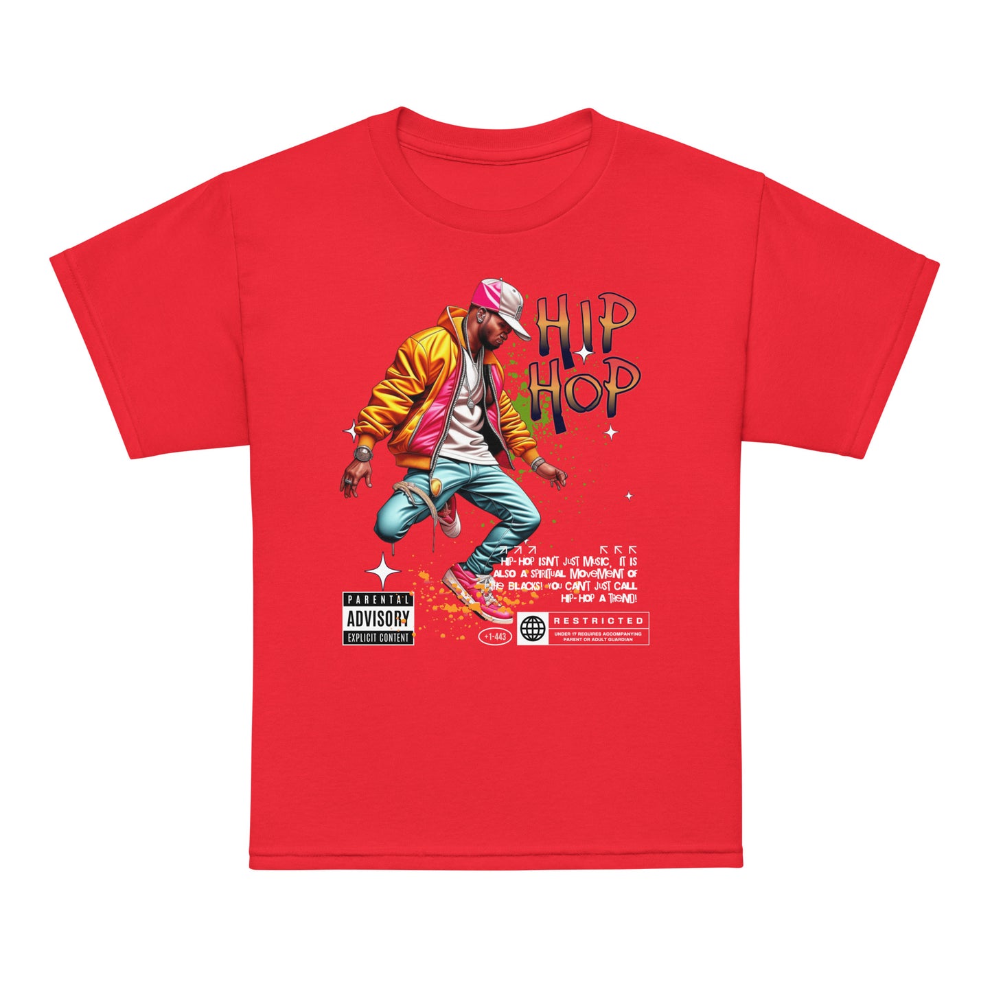 Kids t-shirt with colorful “Hip Hop” streetwear dancer design, moisture-wicking cotton-poly tee by LostLogicCo Canada
