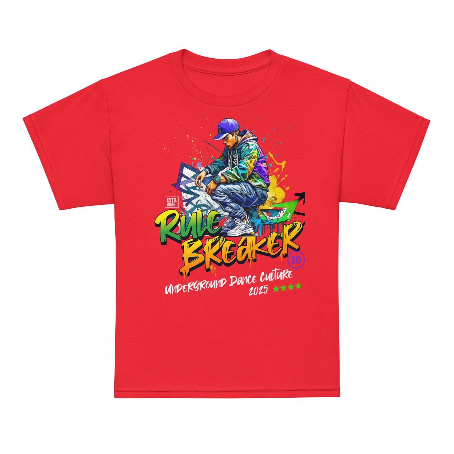 Youth t-shirt with “Rule Breaker” graffiti street dancer design, moisture-wicking cotton-poly tee by LostLogicCo Canada