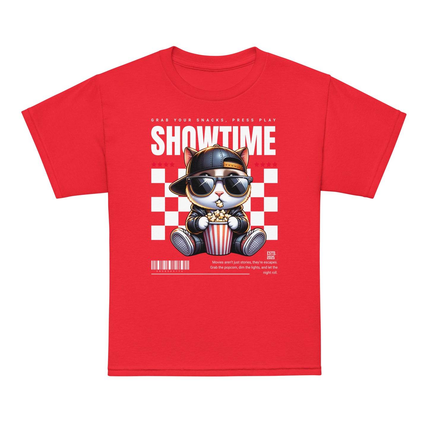 Youth t-shirt with “Showtime” cool cat popcorn movie design, moisture-wicking cotton-poly tee by LostLogicCo Canada